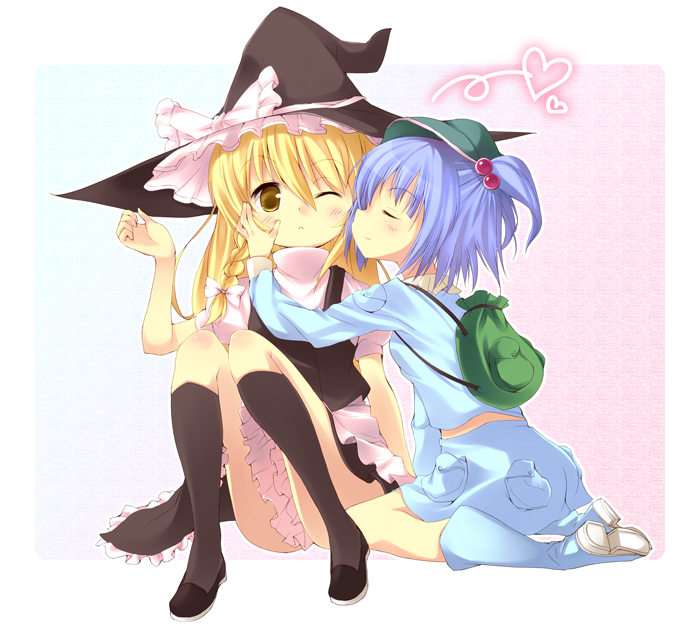amaa (chou dennou jidai), kawashiro nitori, kirisame marisa, touhou, bad id, bad pixiv id, 2girls, :<, backpack, bag, blonde hair, blue hair, braid, child, female focus, hair bobbles, hair ornament, hat, kiss, kneehighs, kodomo doushi, long hair, multiple girls, one eye closed, randoseru, short hair, socks, twintails, two side up, wink, witch, witch hat, yellow eyes, yuri