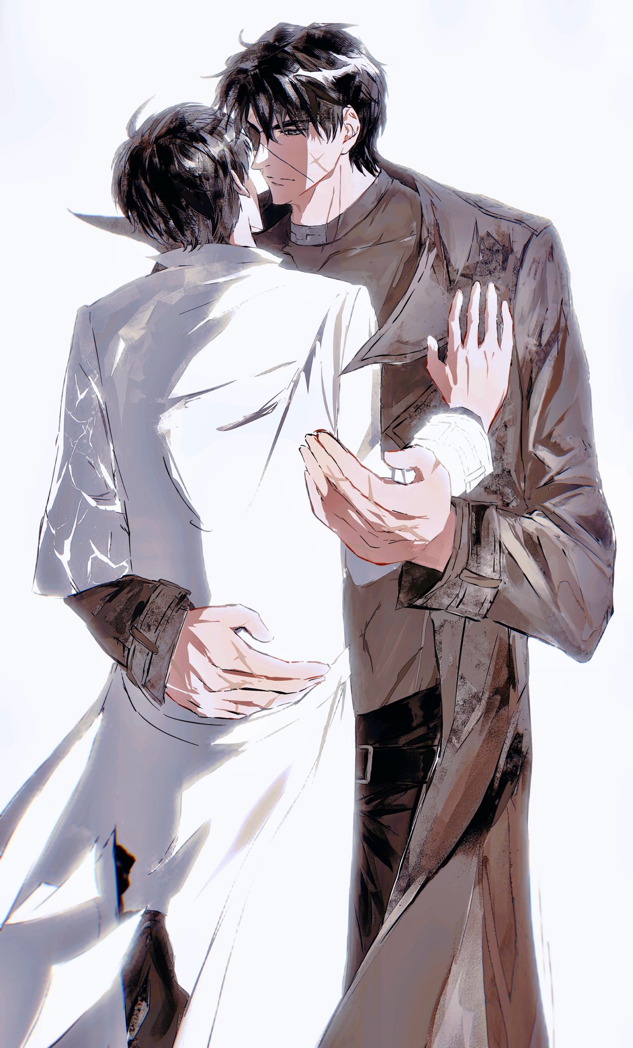 kim dokja, yoo joonghyuk, yoo joonghyuk (999th turn), omniscient reader's viewpoint, highres, 2boys, 8d2suga9, black coat, black hair, black shirt, coat, eyepatch, hand on another's arm, hand on another's back, hand on another's chest, large hands, male focus, multiple boys, open clothes, open coat, popped collar, scar, scar on face, shirt, short hair, white coat, yaoi