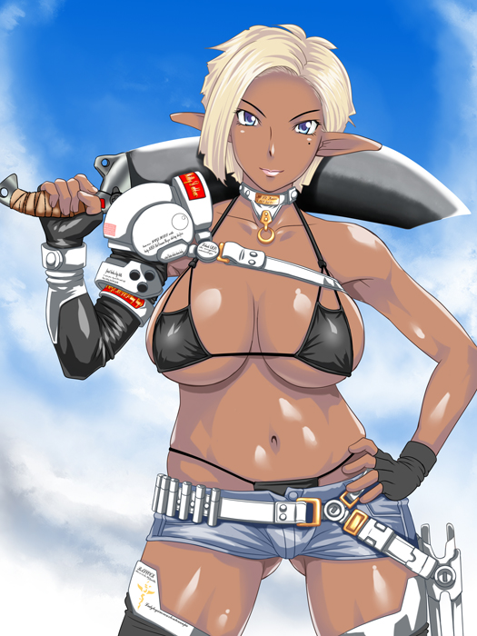 tetsukui, original, 1girl, bikini, black bikini, blonde hair, blue eyes, breasts, breasts apart, dark-skinned female, dark elf, dark skin, denim, denim shorts, elf, female focus, fingerless gloves, gloves, hand on own hip, hip focus, large breasts, looking at viewer, mole, mole under eye, pointy ears, short shorts, shorts, shoulder pads, solo, swimsuit, sword, thighhighs, weapon