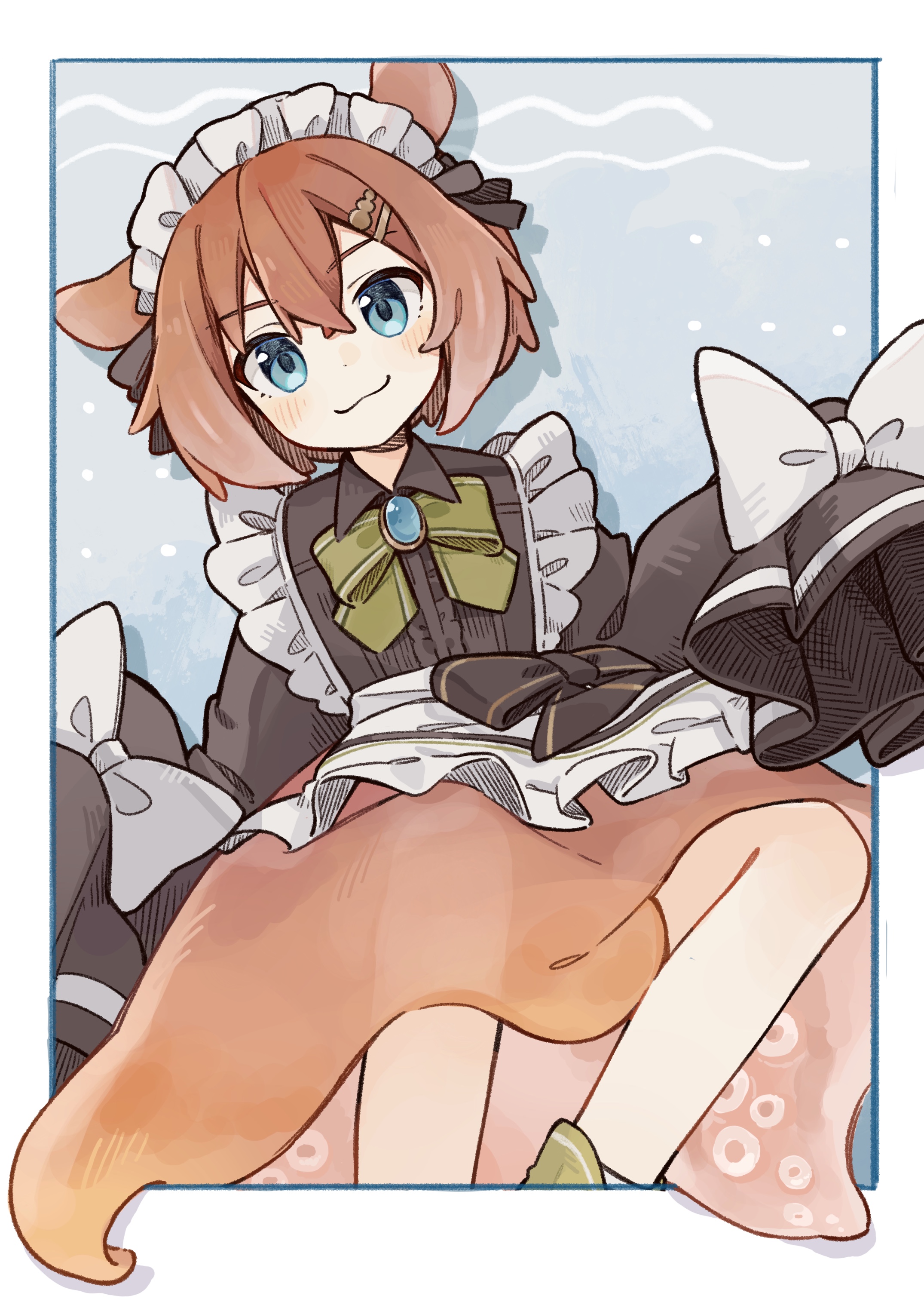 komerina, original, absurdres, commentary, highres, 1boy, :3, apron, black bow, black dress, blue background, blue eyes, blush, border, bow, bowtie, brooch, closed mouth, collared dress, crossdressing, crossdressing (mtf), dot nose, double-parted bangs, dress, foot out of frame, frilled apron, frills, full body, green bow, green bowtie, hair between eyes, hair ornament, hair ribbon, hairclip, hands up, head tilt, jewelry, large bow, long sleeves, looking at viewer, maid, maid apron, maid headdress, male focus, male maid, medium hair, octopus boy, orange hair, orange skirt, outside border, personification, puffy sleeves, ribbon, sidelocks, simple background, sitting, skirt, sleeves past fingers, sleeves past wrists, smile, solo, trap, umbrella octopus, unconventional maid, waist apron, white apron, white border, white headdress