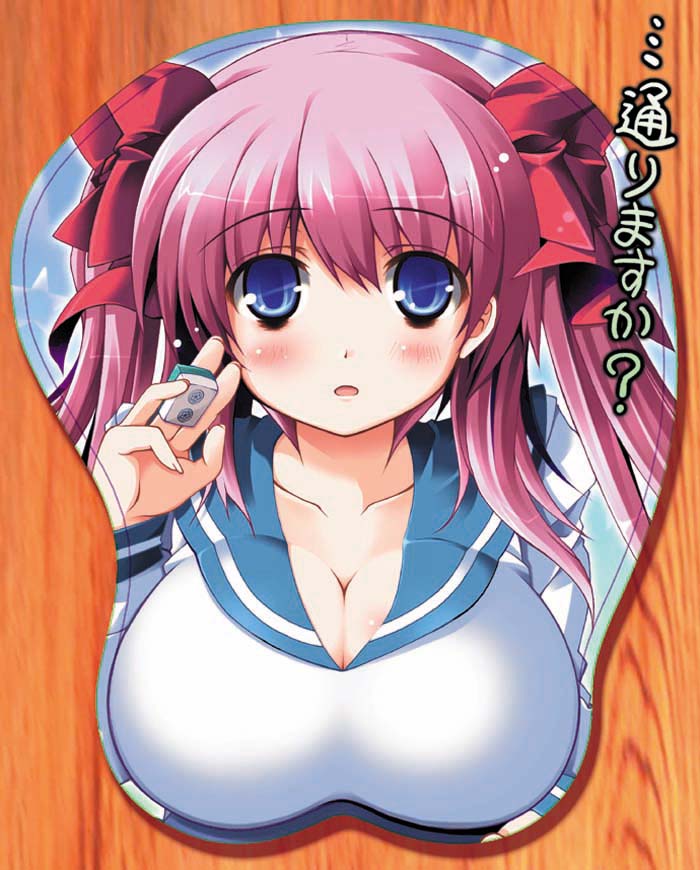 utsurogi angu, haramura nodoka, saki (manga), translation request, 00s, 1girl, :o, blue eyes, blush, board game, bow, breast mousepad, breasts, cleavage, female focus, hair bow, holding, holding mahjong tile, large breasts, mahjong, mahjong tile, mousepad (medium), pink hair, ribbon, school uniform, serafuku, solo, twintails