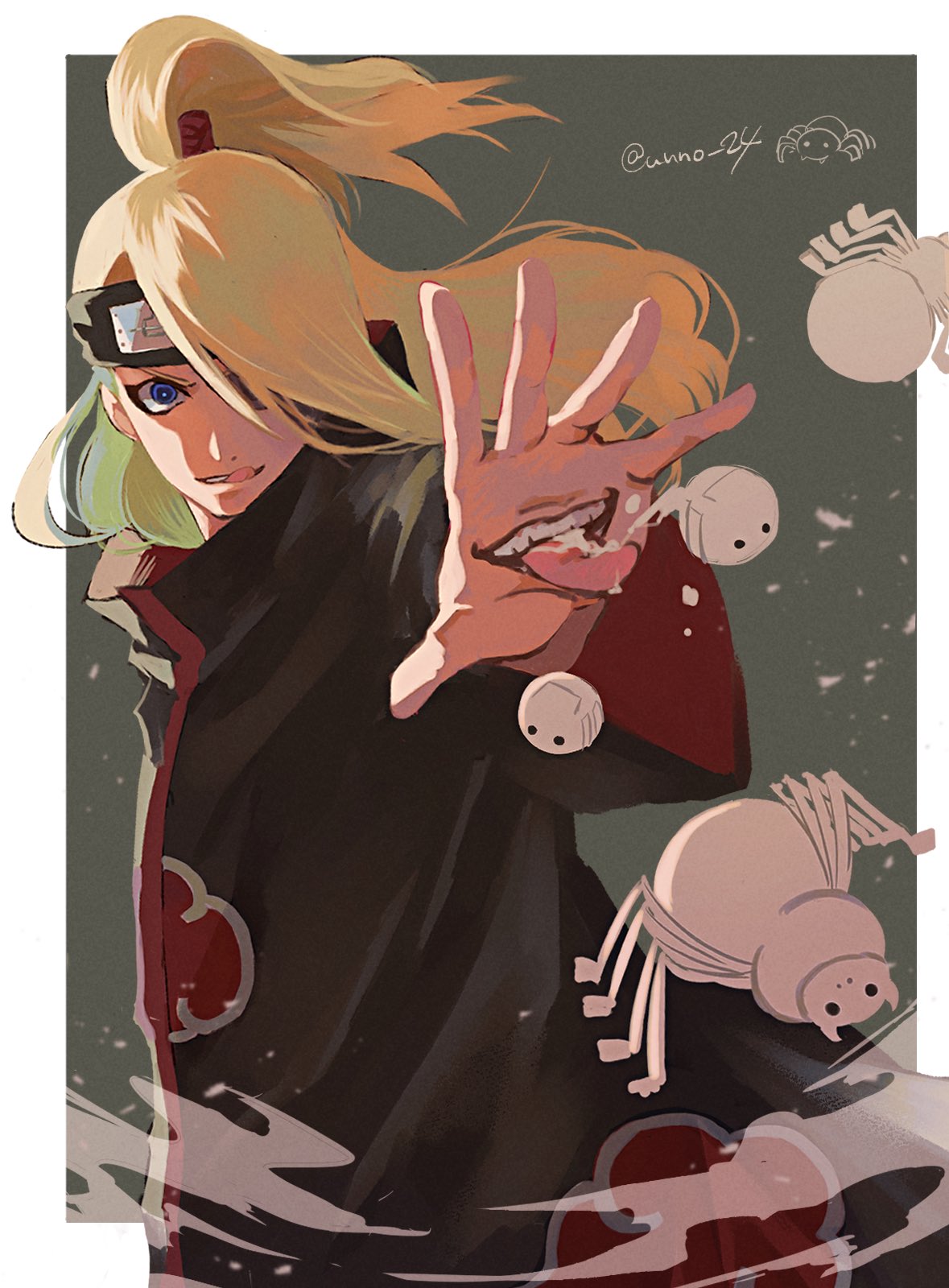 unno 24, deidara (naruto), naruto (series), naruto shippuuden, highres, 1boy, akatsuki uniform, black headband, black jacket, blonde hair, blue eyes, border, bug, extra mouth, grey background, hair over one eye, half updo, headband, jacket, long hair, male focus, outstretched hand, parted lips, ponytail, saliva, solo, spider, tongue, tongue out, twitter username, upper body, white border