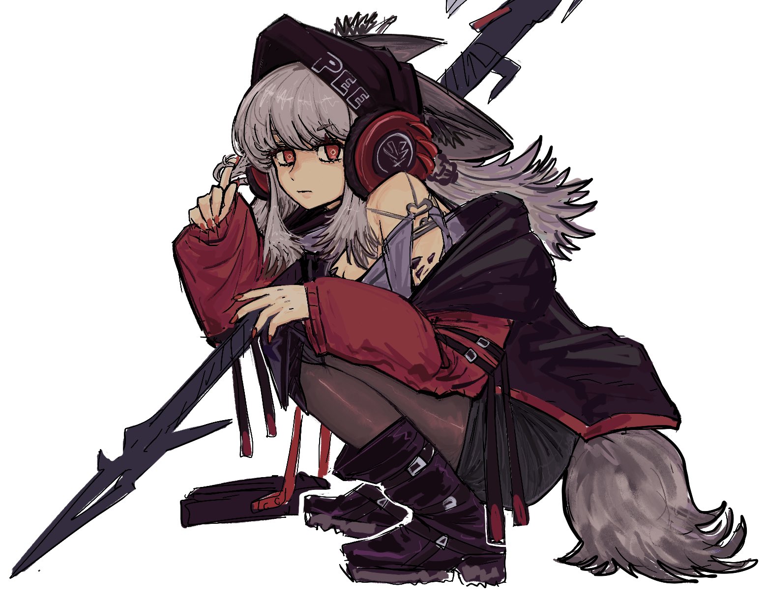 pikminpreggedup, frostleaf (arknights), arknights, highres, animal ears, beanie, behind-the-head headphones, black hat, ears through headwear, fox ears, fox girl, fox tail, grey shirt, halberd, hat, headphones, headphones over headwear, implied extra ears, jacket, material growth, off-shoulder shirt, off shoulder, oripathy lesion (arknights), polearm, red jacket, red nails, shirt, tail, weapon, woollen cap