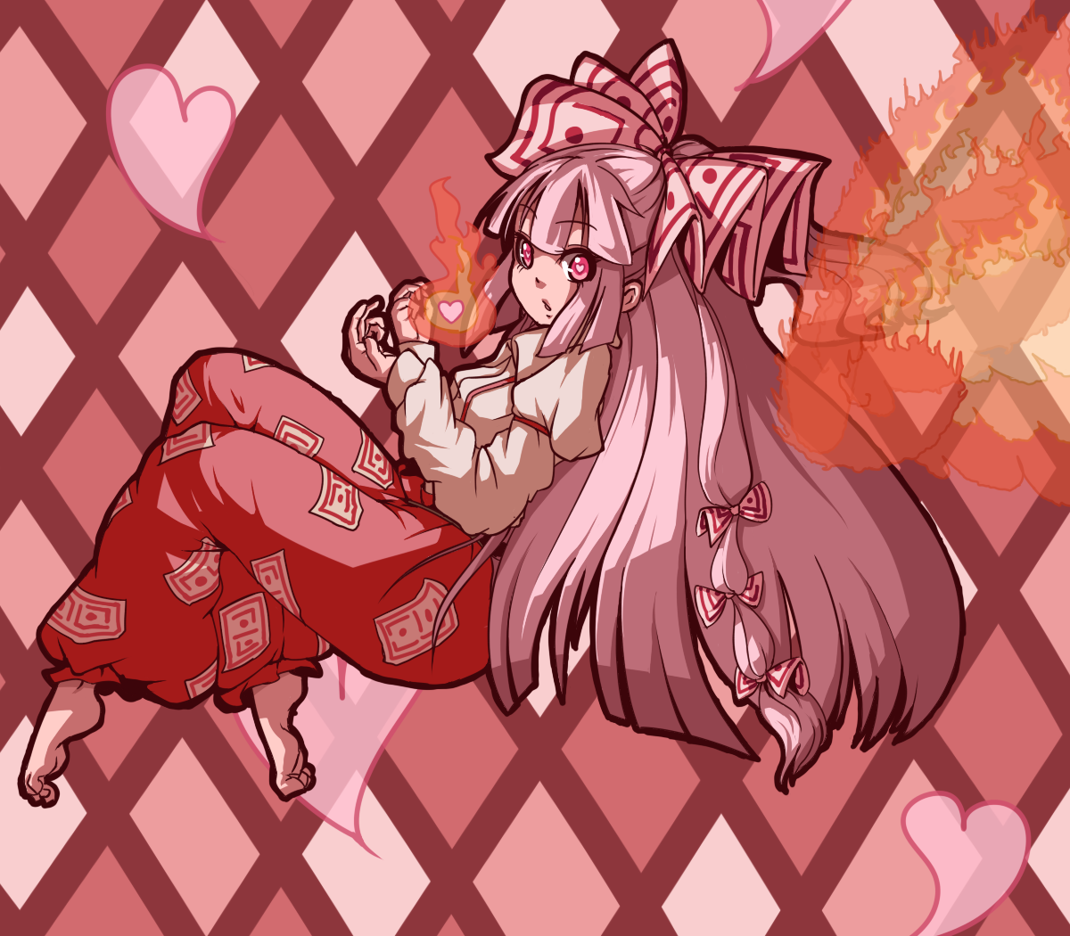 epurasu, fujiwara no mokou, touhou, silver hair, 1girl, barefoot, bow, female focus, fire, full body, hair bow, hair ribbon, heart, long hair, multiple hair bows, pink eyes, ribbon, solo