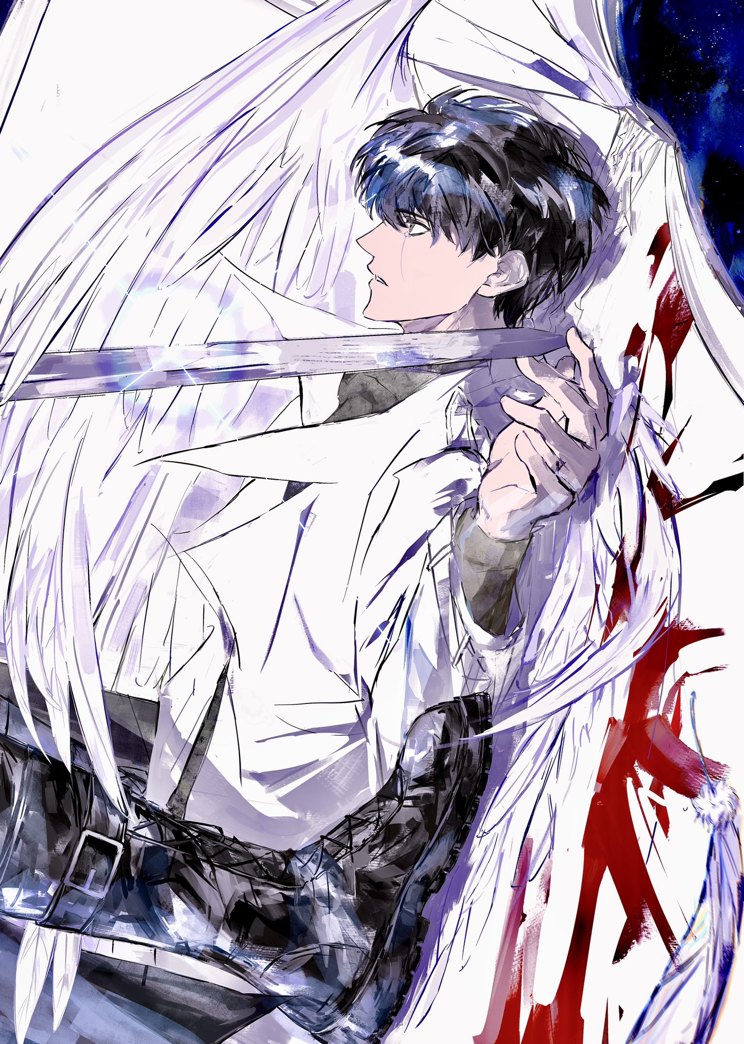 kim dokja, yoo joonghyuk, omniscient reader's viewpoint, highres, 1boy, 1other, 8d2suga9, against wall, black hair, black shirt, blood, blood splatter, book, boots, broken wing, coat, collared shirt, crying, crying with eyes open, dutch angle, feathered wings, from side, looking to the side, male focus, night, open book, open clothes, open coat, out of frame, oversized object, parted lips, pinned, popped collar, shirt, short hair, sideways, sky, space, star (sky), starry sky, tears, white coat, white wings, wings