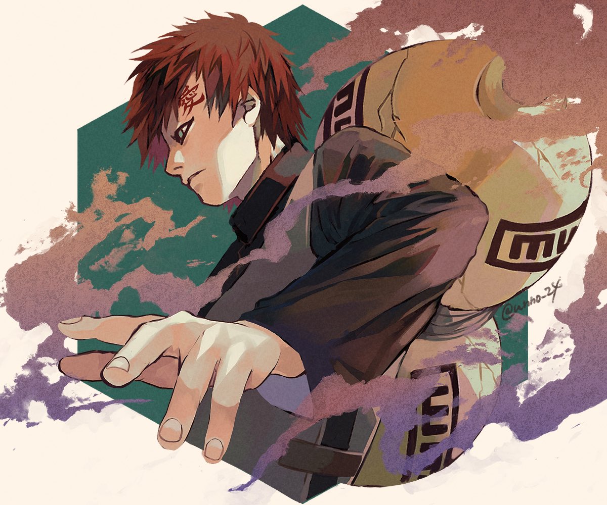 unno 24, gaara (naruto), naruto (series), 1boy, black shirt, blue eyes, closed mouth, cropped torso, gourd, grey vest, male focus, no eyebrows, red hair, sand, scar, scar on face, scar on forehead, shirt, short hair, solo, twitter username, upper body, vest, white background
