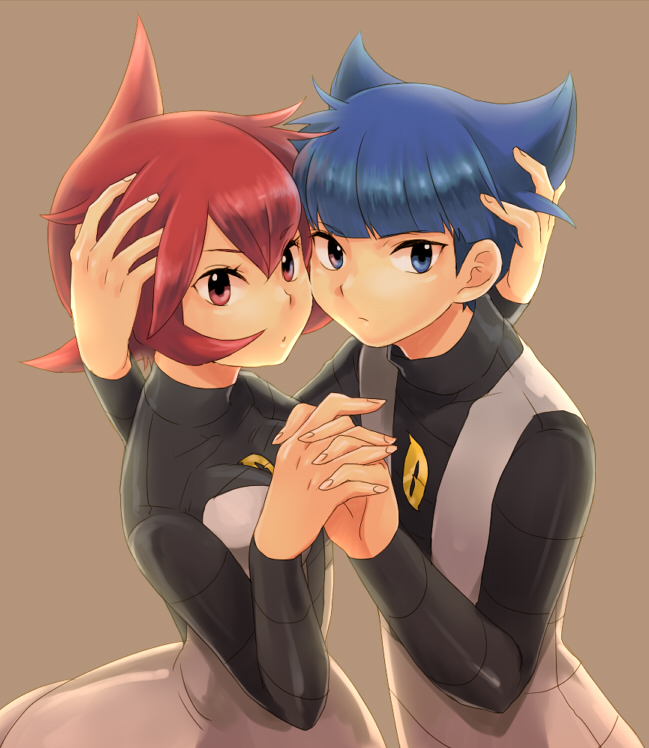 toudou charo, tr, mars (pokemon), saturn (pokemon), nintendo, pokemon, uniform, bad id, bad pixiv id, 1boy, 1girl, blue eyes, blue hair, couple, hand grab, hetero, holding hands, red eyes, red hair, short hair, team galactic