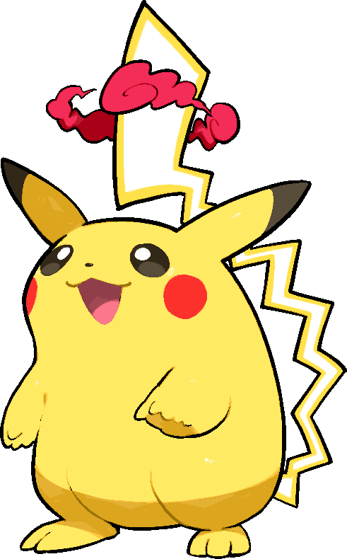 kawaanago, gigantamax pikachu, pikachu, nintendo, pokemon, commentary request, :3, dynamax, fat pikachu, full body, gen 1 pokemon, gigantamax, no humans, open mouth, pokemon (creature), pokemon focus, red clouds, smile, solo, transparent background