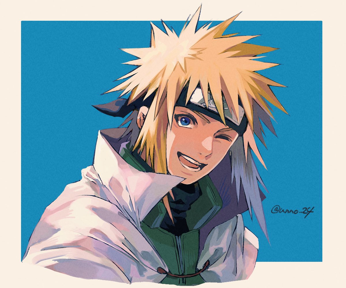 unno 24, namikaze minato, naruto (series), 1boy, black headband, black shirt, blonde hair, blue background, blue eyes, border, green vest, headband, jacket, male focus, medium hair, one eye closed, open mouth, shirt, smile, solo, spiked hair, turtleneck, twitter username, upper body, vest, white border, white jacket