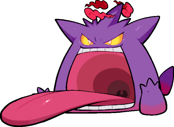 kawaanago, gengar, gigantamax gengar, nintendo, pokemon, commentary request, colored sclera, dynamax, gen 1 pokemon, gigantamax, long tongue, no humans, pokemon (creature), pokemon focus, red clouds, solo, teeth, tongue, tongue out, transparent background, uvula, v-shaped eyes, yellow sclera