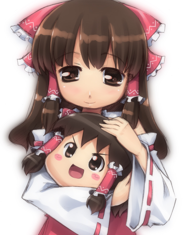kanno, hakurei reimu, touhou, 2girls, brown eyes, brown hair, female focus, japanese clothes, long hair, miko, multiple girls, solo, white background, yukkuri shiteitte ne