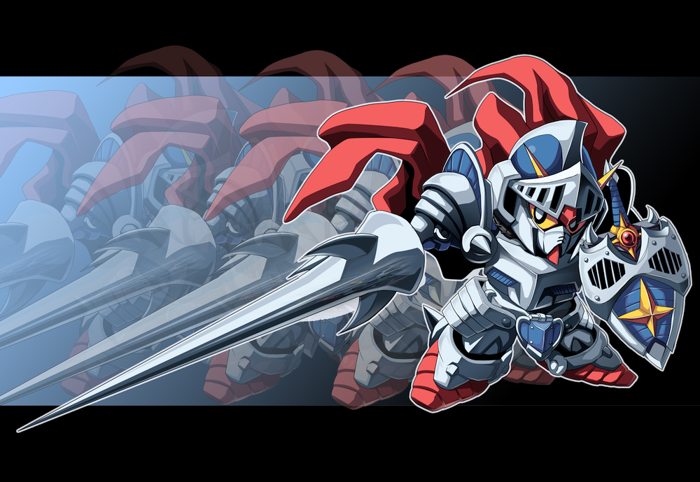 kloah, knight gundam, gundam, sd gundam, sd gundam gaiden, armor, cape, chibi, lance, mecha, no humans, polearm, red cape, robot, shield, solo, sword, weapon