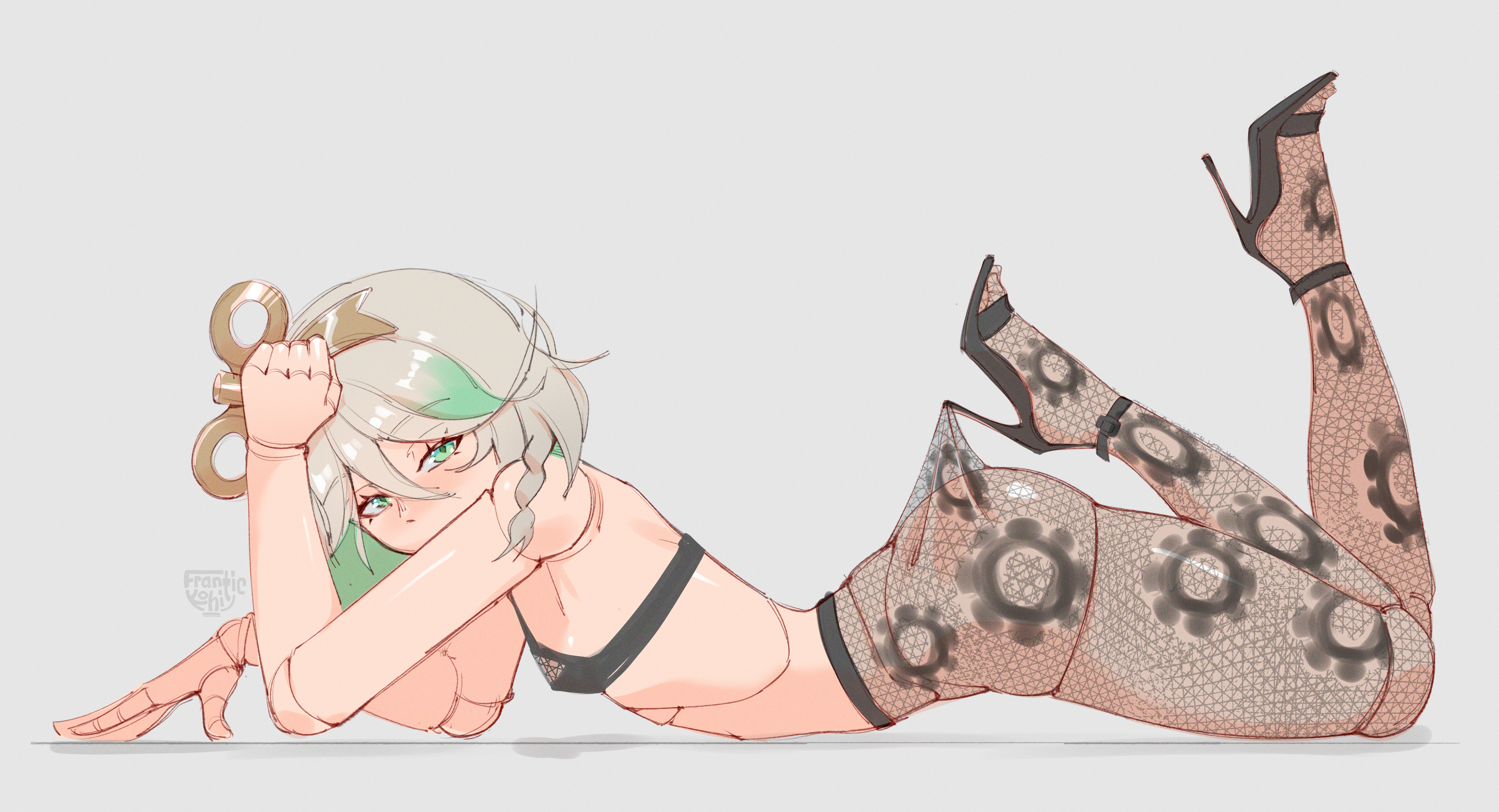 frantic (frantickohi), cecilia immergreen, hololive, hololive english, absurdres, commentary, english commentary, highres, variant set, 1girl, alternate costume, black bra, black pantyhose, black shoes, bra, breasts, doll joints, green eyes, green hair, grey background, grey hair, hair ornament, high heels, joints, lace pantyhose hooked on heel (meme), looking at viewer, lying, medium hair, meme, on stomach, pantyhose, shoes, simple background, small breasts, solo, underwear, virtual youtuber, winding key