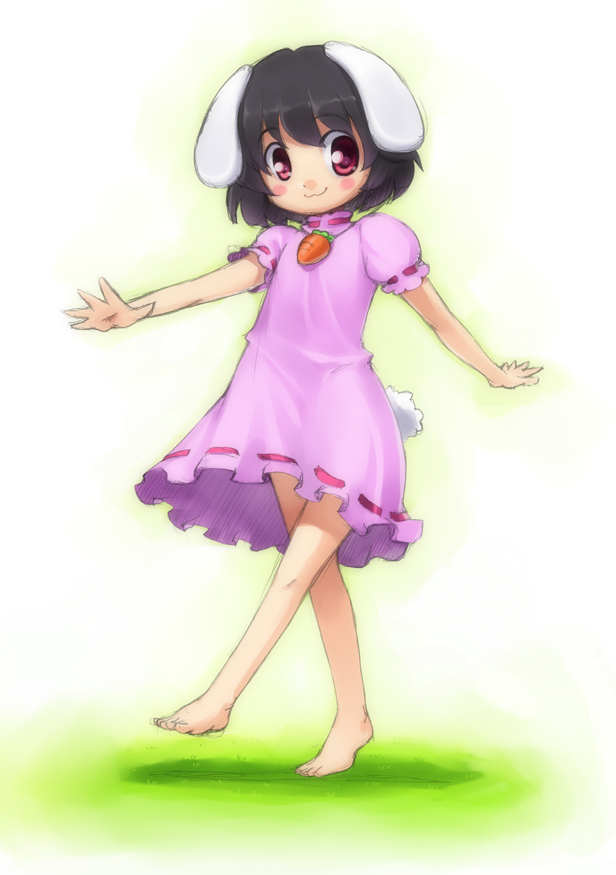 kanno, inaba tewi, touhou, bad id, bad pixiv id, 1girl, :3, animal ears, barefoot, black hair, carrot, child, dress, feet, female focus, full body, gradient background, rabbit ears, red eyes, short hair, sketch, smile, solo, standing, tail, walking, white background