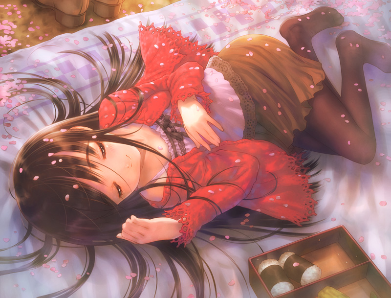 goto p, original, 1girl, bento, black hair, black pantyhose, blanket, camisole, cardigan, cherry blossoms, closed eyes, feet, female focus, food, hanami, lace, long hair, long sleeves, lying, no shoes, outdoors, pantyhose, petals, shoes, skirt, sleeping, smile, solo, unworn shoes