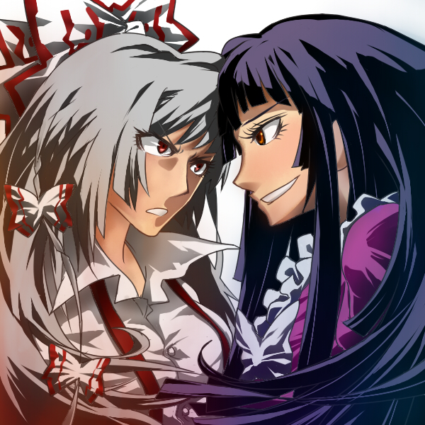 nanban teishoku, fujiwara no mokou, houraisan kaguya, touhou, silver hair, bad id, bad pixiv id, 2girls, black hair, bow, female focus, hair bow, hair ribbon, long hair, multiple girls, multiple hair bows, red eyes, ribbon, simple background, upper body, white background