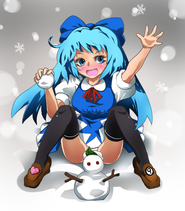 nanban teishoku, cirno, letty whiterock, touhou, bad id, bad pixiv id, 1girl, black thighhighs, blue eyes, blue hair, bow, breasts, censored, circled 9, convenient censoring, dress, female focus, full body, gradient background, hair bow, heart, long hair, matching hair/eyes, outdoors, snowball, snowflakes, snowman, solo, thighhighs