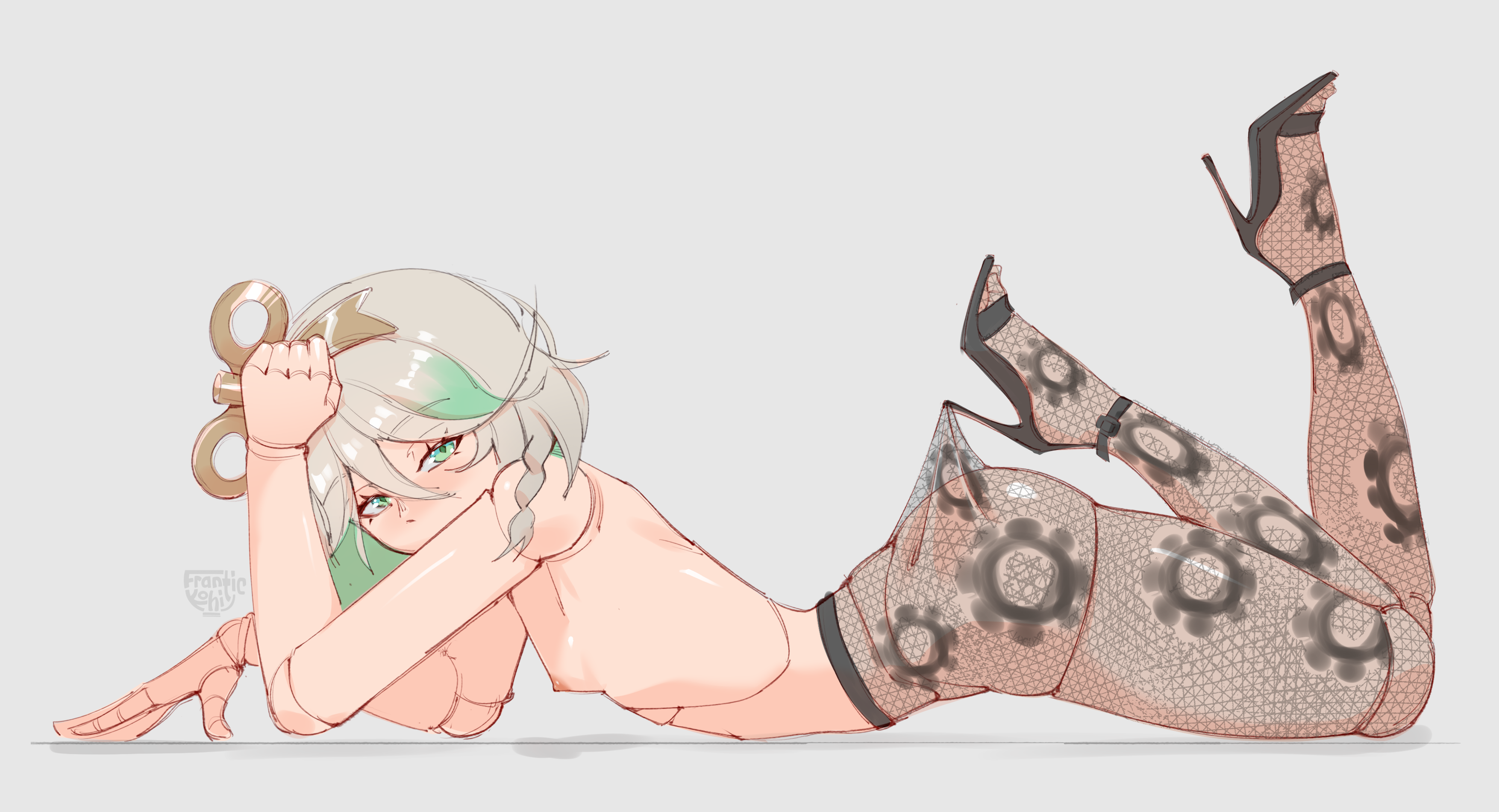 frantic (frantickohi), cecilia immergreen, hololive, hololive english, absurdres, commentary, english commentary, highres, variant set, 1girl, alternate costume, black pantyhose, black shoes, breasts, doll joints, green eyes, green hair, grey background, grey hair, hair ornament, high heels, joints, lace pantyhose hooked on heel (meme), looking at viewer, lying, medium hair, meme, nipples, on stomach, pantyhose, shoes, simple background, small breasts, solo, topless female, virtual youtuber, winding key