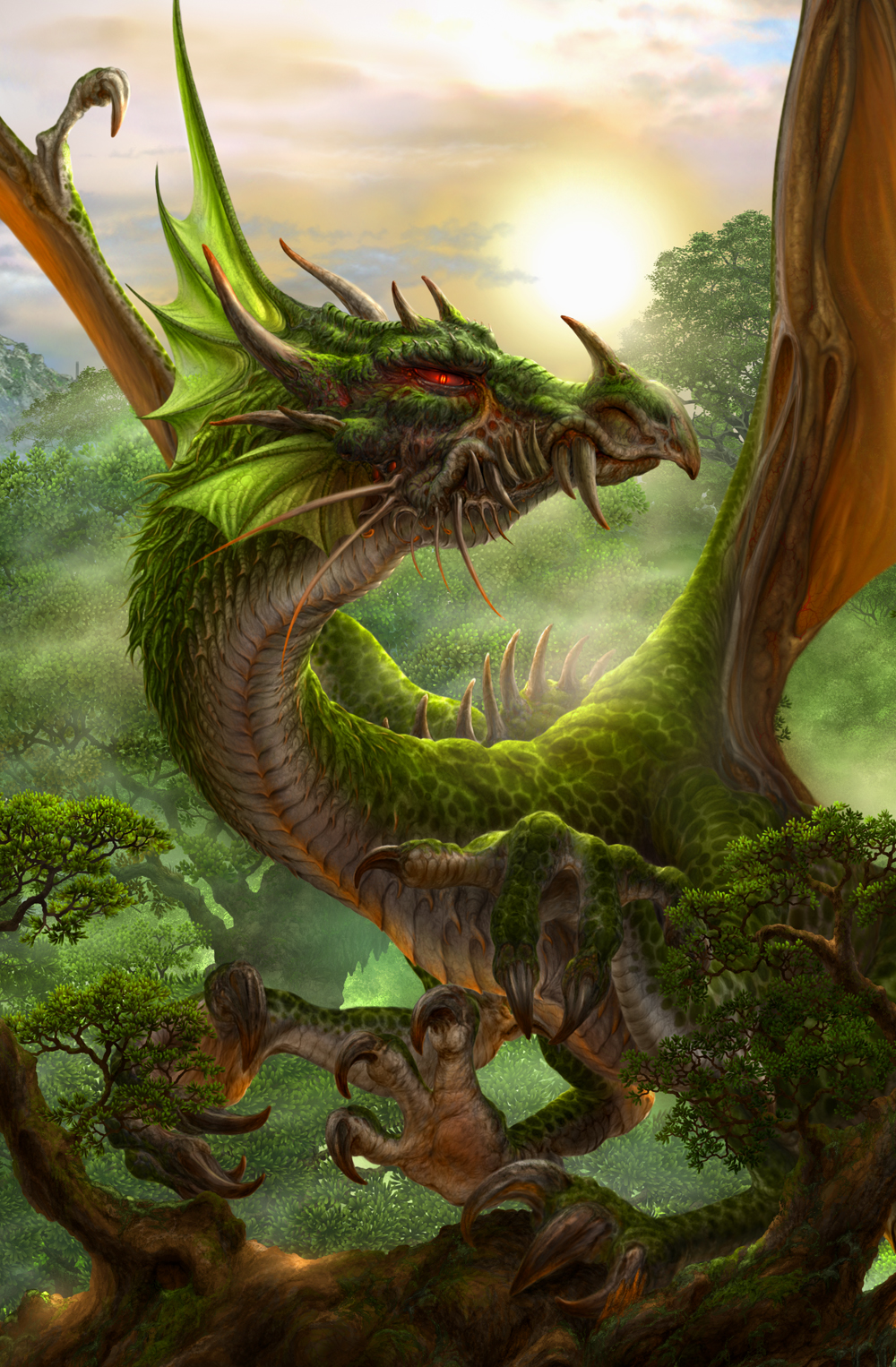 kazumasa uchio, uchio kazumasa, original, highres, claws, cloud, colored skin, dragon, fantasy, fins, green skin, horns, no humans, red eyes, scales, sky, spikes, sun, tree, wings