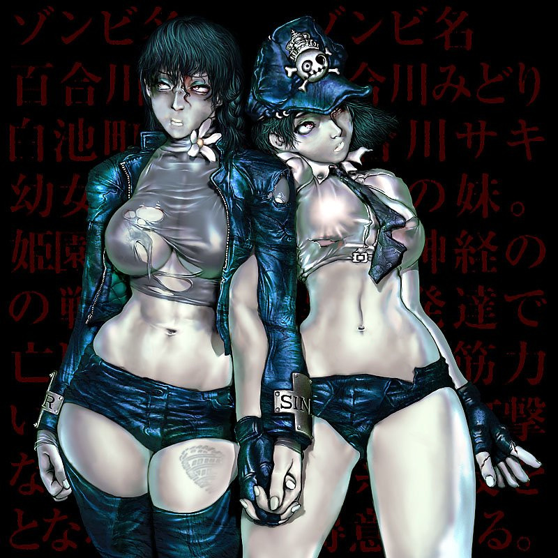 hanakabu, yurikawa midori, yurikawa saki, zombie-ya reiko, blood, breasts, cleavage, cuts, fingerless gloves, gloves, hat, injury, jacket, large breasts, leather, midriff, monster girl, necktie, rotting, shorts, siblings, sisters, thighhighs, torn clothes, zombie