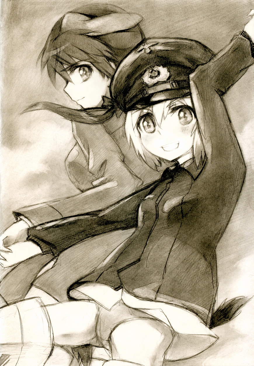 kisetsu, erica hartmann, gertrud barkhorn, strike witches, world witches series, uniform, bad id, bad pixiv id, highres, 00s, 2girls, animal ears, hat, holding hands, monochrome, multiple girls, open mouth, panties, sepia, striker unit, tail, underwear