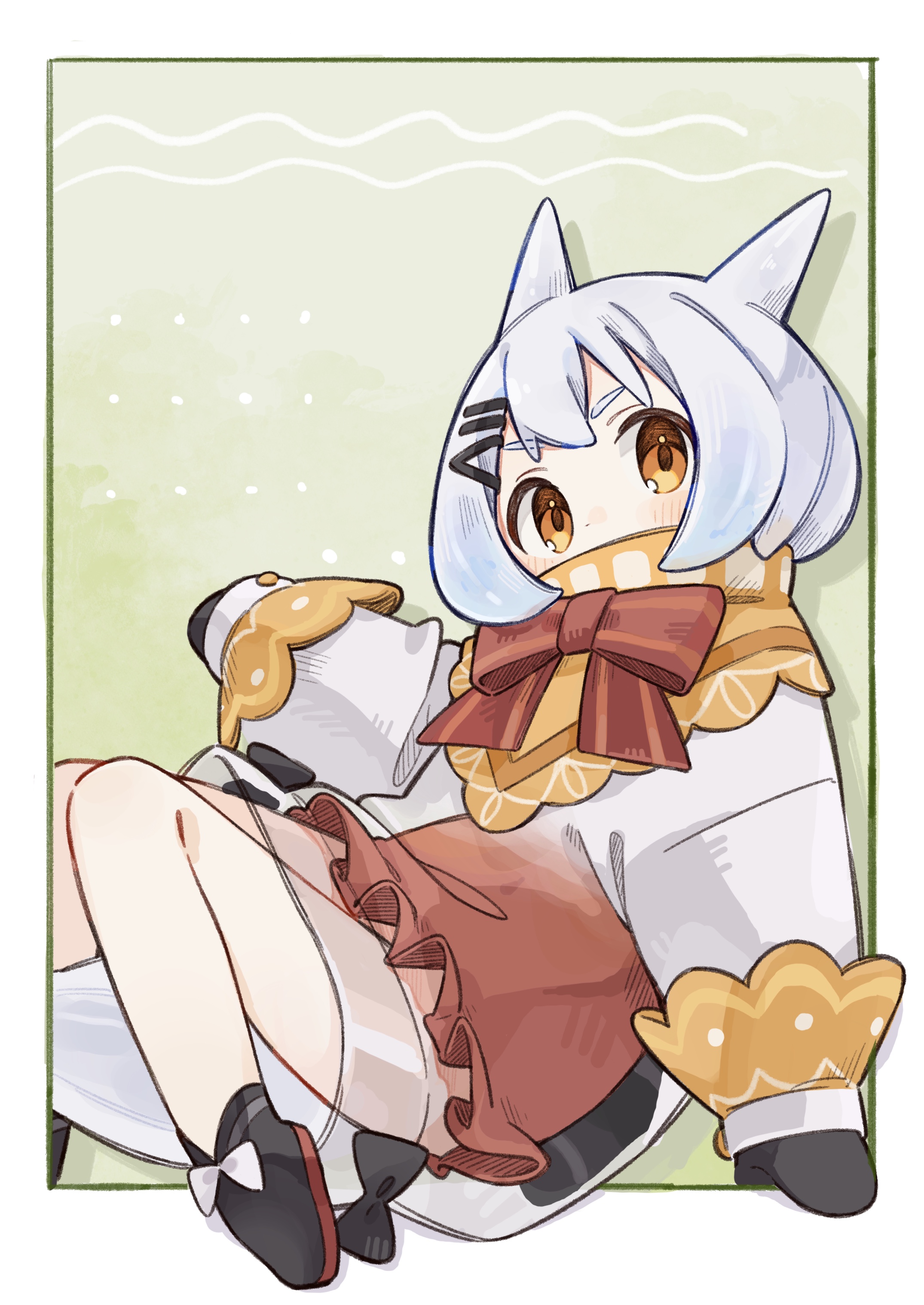 komerina, original, absurdres, commentary, highres, 1girl, black mittens, black shoes, border, bow, bowtie, brown leotard, covered mouth, covered navel, dot nose, flat chest, foot out of frame, footwear bow, frilled leotard, frills, from side, full body, gradient background, green background, hair between eyes, hair ornament, hairclip, hand up, high collar, horns, knees up, leotard, light blush, long sleeves, looking at viewer, mittens, monster girl, orange eyes, outside border, personification, red bow, red bowtie, sea angel girl, sea slug ears, sea slug girl, shoes, short hair, sidelocks, sitting, slug girl, solo, tail, thick eyebrows, v-shaped eyebrows, white border, white hair