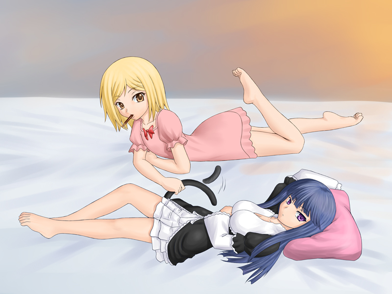 210ten, ten (pixiv192340), frederica bernkastel, lambdadelta, umineko no naku koro ni, 00s, 2girls, barefoot, blonde hair, blue hair, breasts, cleavage, feet, large breasts, lying, multiple girls, on back, on stomach, purple eyes, short hair, skirt, tail, yellow eyes