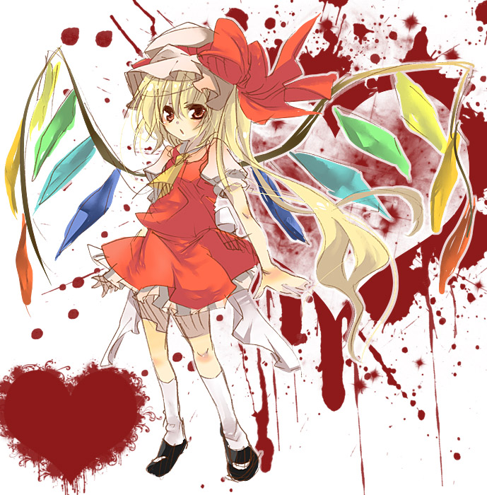 uru uzuki, yuzuki (pixiv), flandre scarlet, touhou, 1girl, black shoes, blonde hair, blood, blouse, female focus, hair between eyes, hat, heart, mob cap, red eyes, ribbon, shirt, shoes, socks, solo, white hat, white shirt, white socks, wings