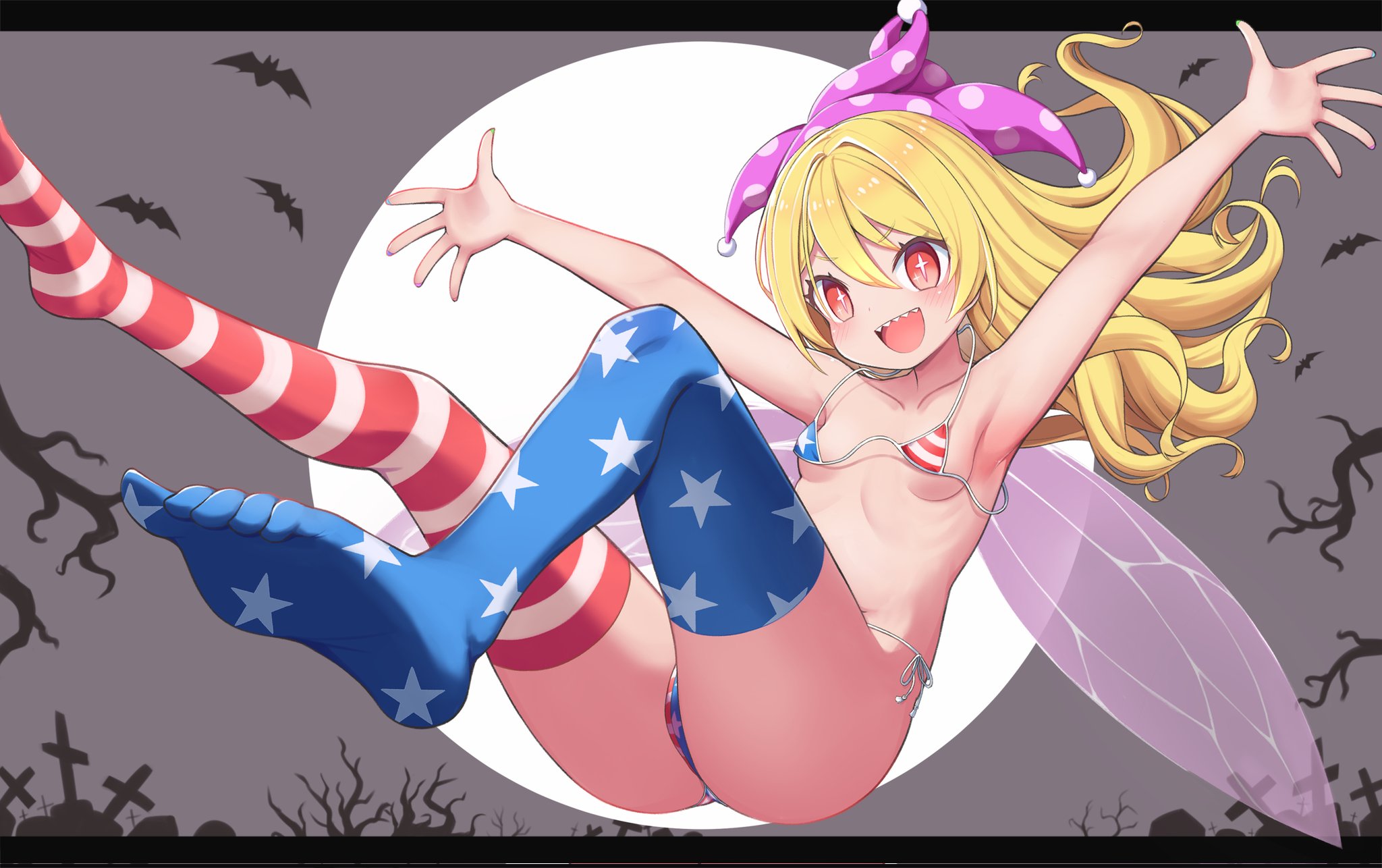 harunoha, clownpiece, legacy of lunatic kingdom, touhou, highres, american flag, american flag bikini, american flag legwear, american flag print, armpits, ass, bat (animal), bikini, blonde hair, breasts, collarbone, fairy wings, flag print, flag print bikini, full moon, graveyard, halloween, hat, jester cap, moon, polka dot, polka dot headwear, print bikini, purple hat, red eyes, sharp teeth, small breasts, star-shaped pupils, star (symbol), star print, swimsuit, symbol-shaped pupils, teeth, wings