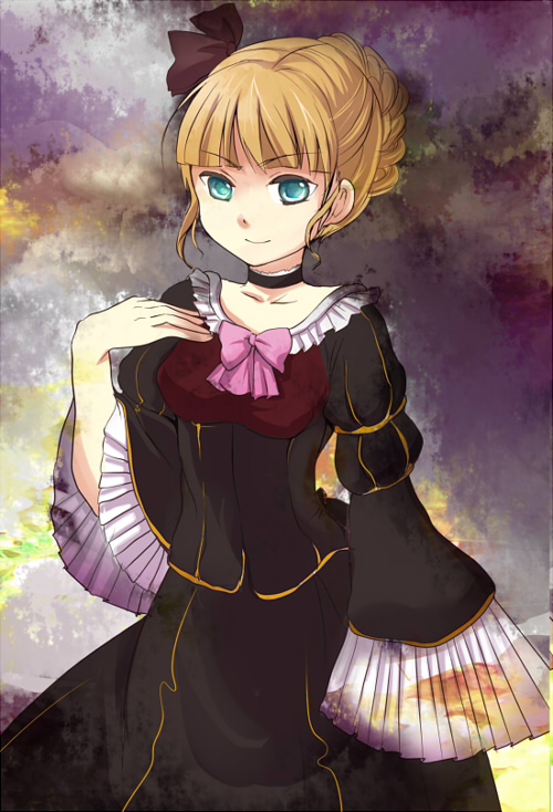 mathnote, beatrice (umineko), umineko no naku koro ni, bad id, bad pixiv id, 00s, 1girl, blonde hair, blue eyes, bow, choker, dress, female focus, frills, pink bow, ribbon, solo