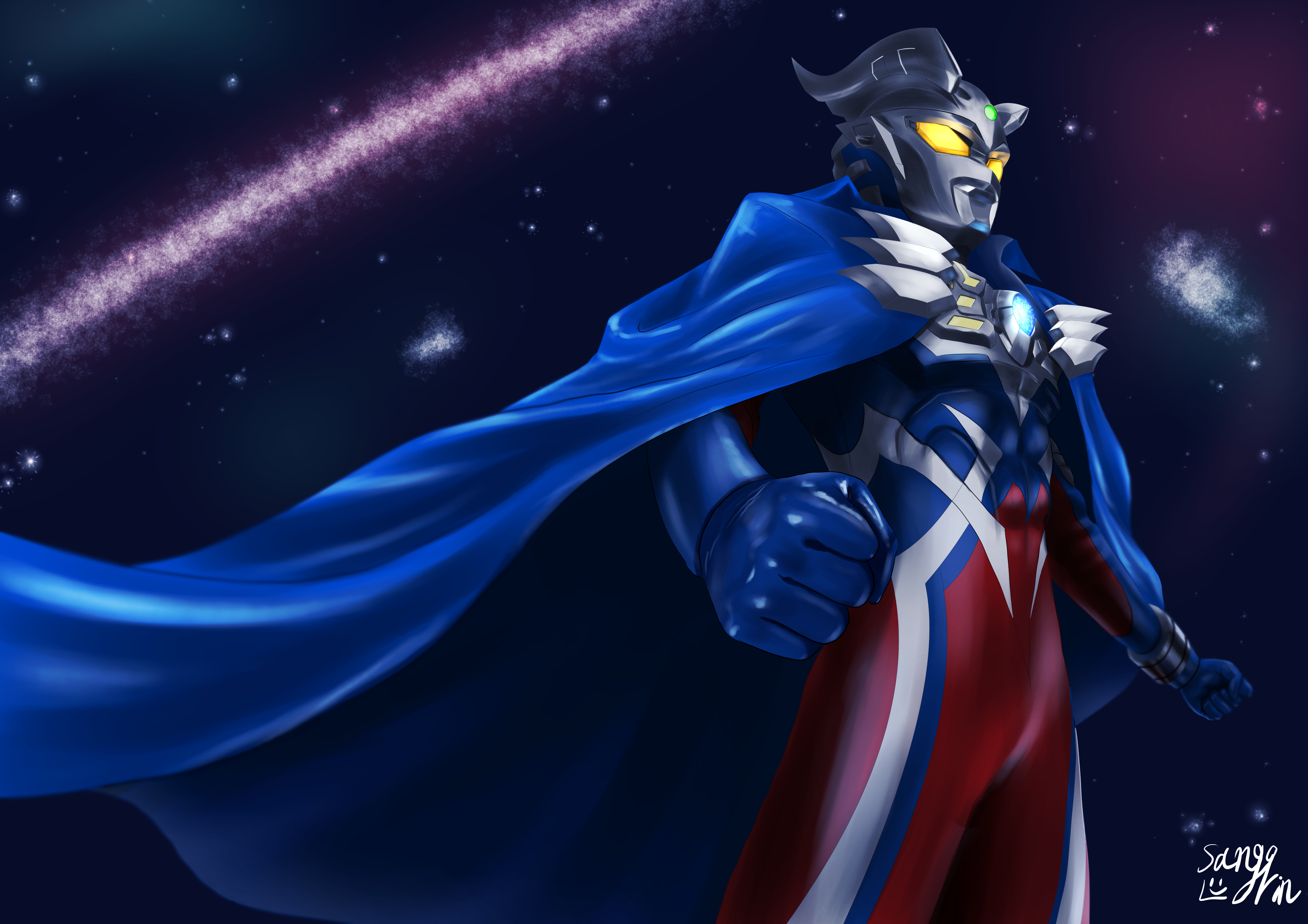 ultraman zero, tokusatsu, ultra galaxy (series), ultra series, ultraman z (series), absurdres, commentary, highres, 1boy, abs, alien, armor, artist name, blue cape, blue skin, breastplate, cape, clenched hands, color timer, colored skin, cowboy shot, eye slugger, forehead jewel, from below, galaxy, gem, giant, giant male, glowing, glowing eyes, green gemstone, looking up, male focus, multicolored skin, muscular, muscular male, no pupils, pectorals, red skin, shining gold montblanc, signature, silver skin, solo, standing, ultra bracelet (ultraman zero), wrinkled skin, yellow eyes