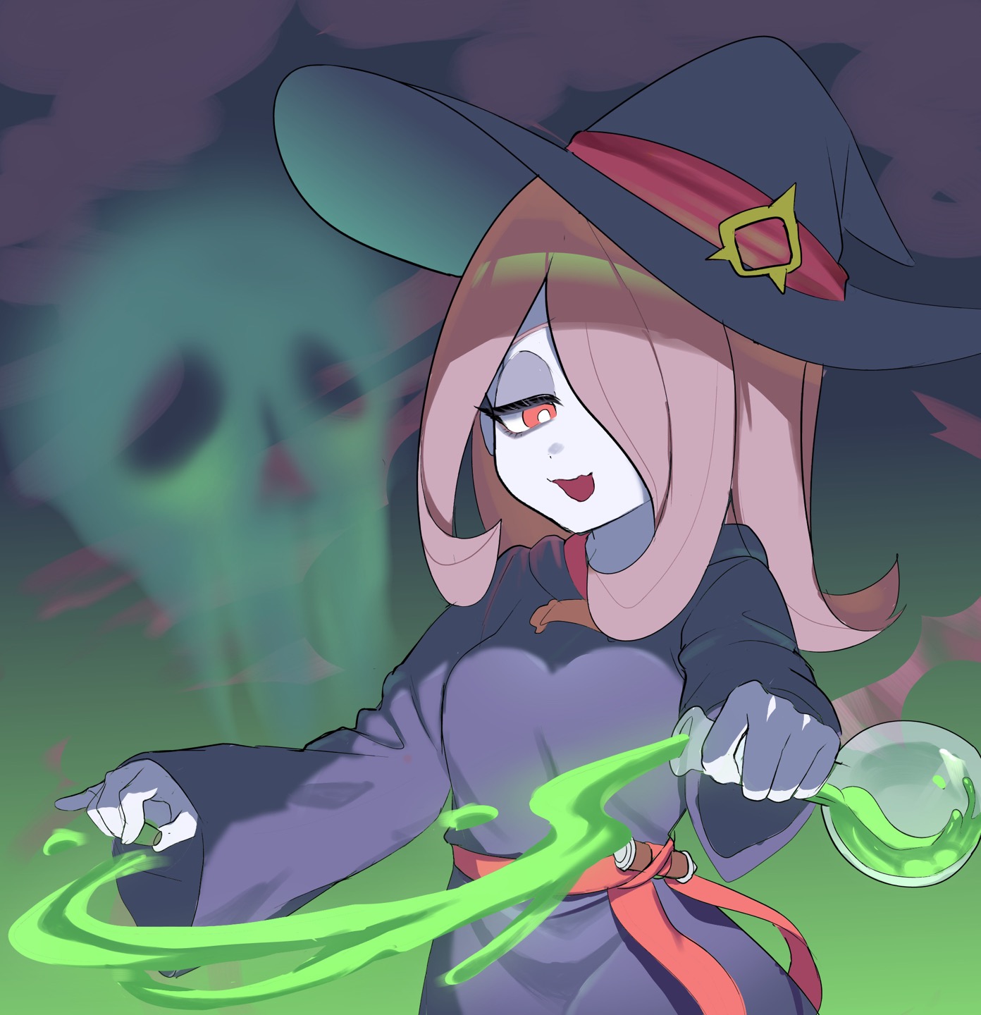 sucy manbavaran, little witch academia, highres, 1girl, :d, belt, cloud, dark cloud, drugged mush, eyeshadow, green light, green liquid, hat, holding potion, long hair, luna nova school uniform, makeup, open mouth, pink hair, potion, red belt, red eyes, school uniform, sidelocks, skull cloud, smile, witch, witch hat
