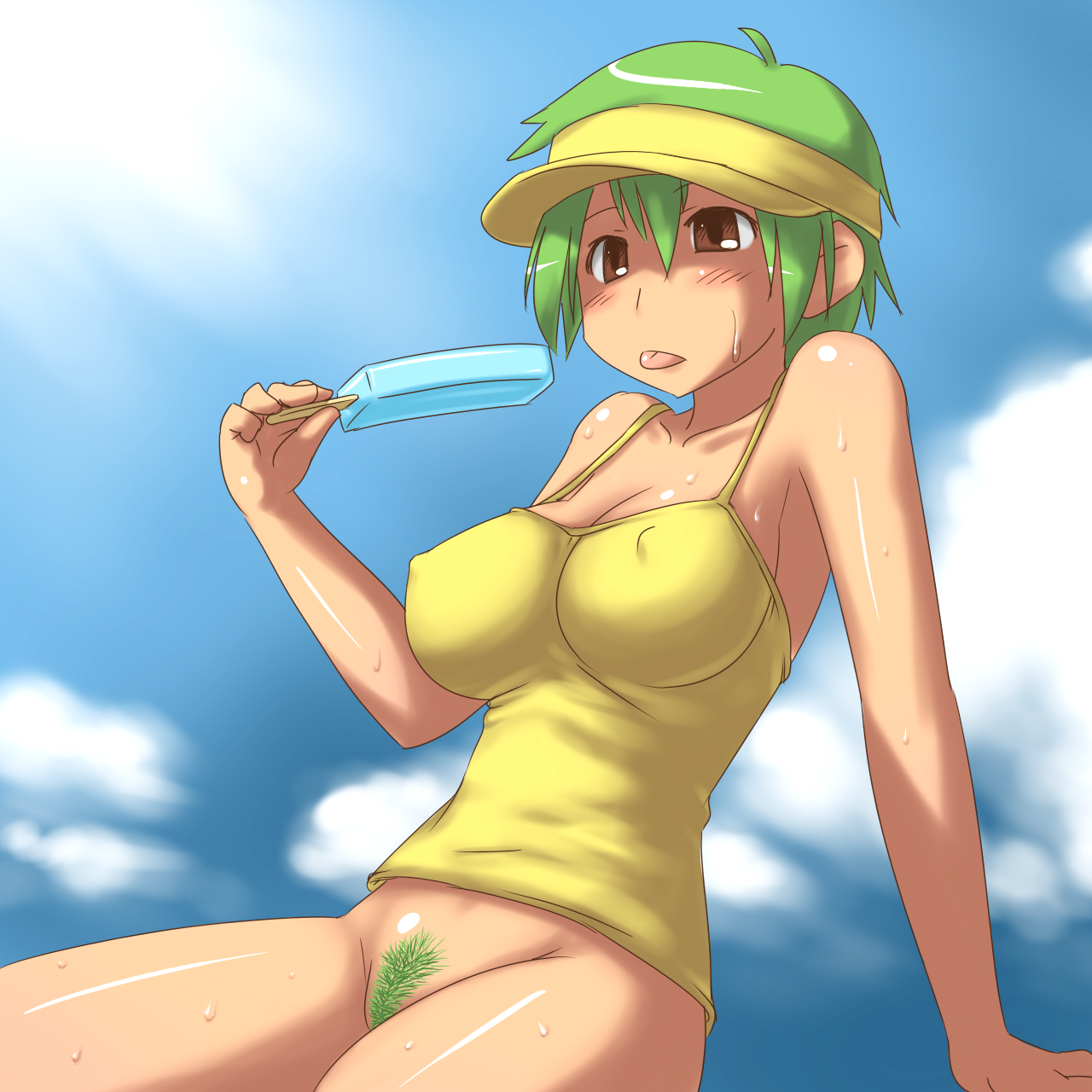 aaaa (quad-a), original, visor, bad id, bad pixiv id, highres, 1girl, bare shoulders, bottomless, breasts, camisole, colored pubic hair, covered erect nipples, female focus, female pubic hair, food, green hair, hair between eyes, large breasts, popsicle, pubic hair, solo, tongue, uncensored, visor cap
