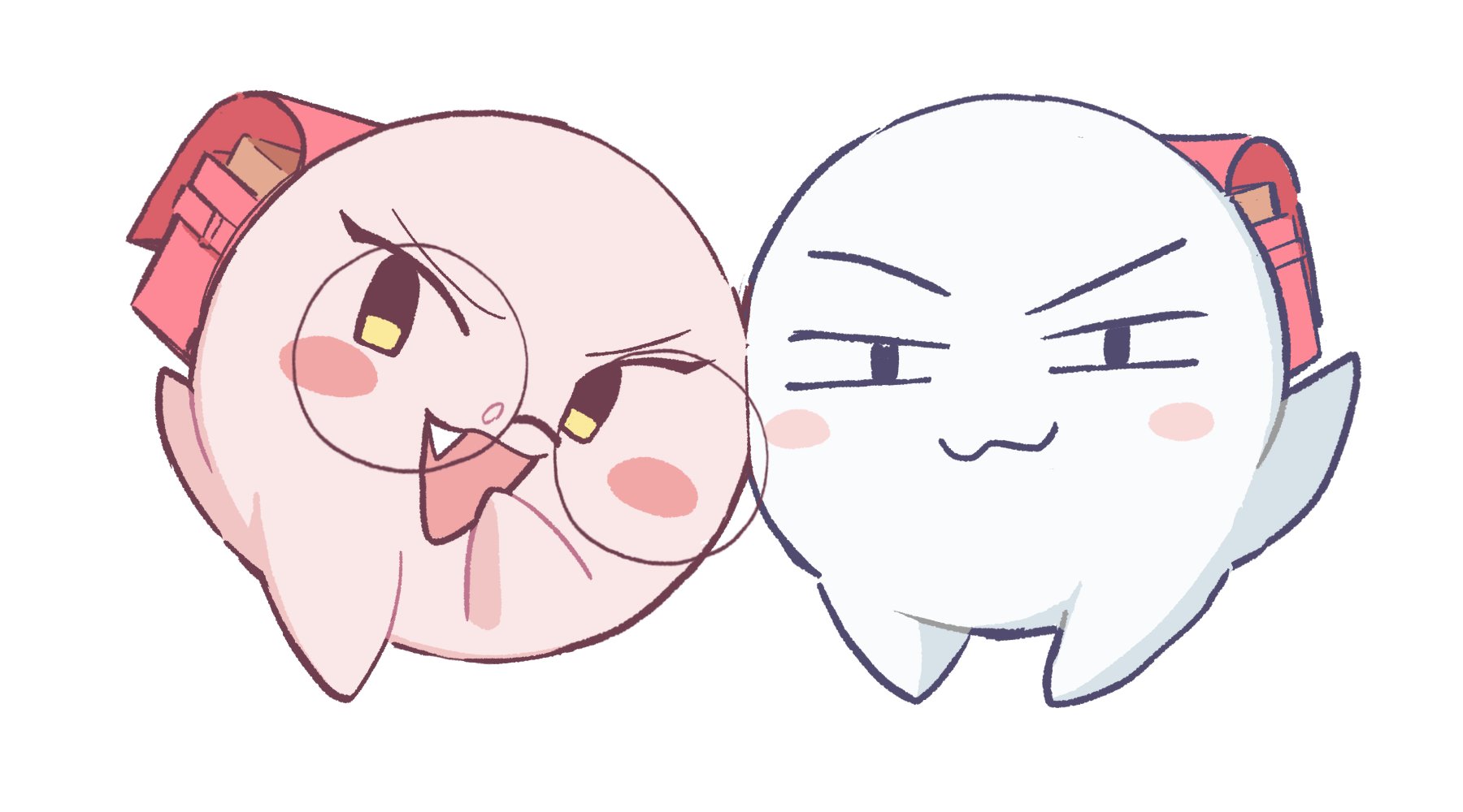 orenjipiiru, boo (mario), child gf (orenji), mesugaki (orenji), mario (series), nintendo, original, commentary, highres, 2girls, backpack, bag, blush, covering own mouth, fang, ghost, hand over own mouth, looking at viewer, mesugaki, monsterification, multiple girls, raised eyebrow, randoseru, red bag, round eyewear, sharp teeth, simple background, tail, teeth, yellow eyes