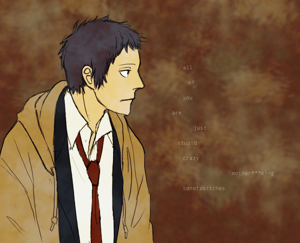 gb (doubleleaf), adachi tooru, atlus, persona, persona 4, 1boy, black eyes, black hair, english text, formal clothes, jacket, male focus, necktie, profile, short hair, solo, suit