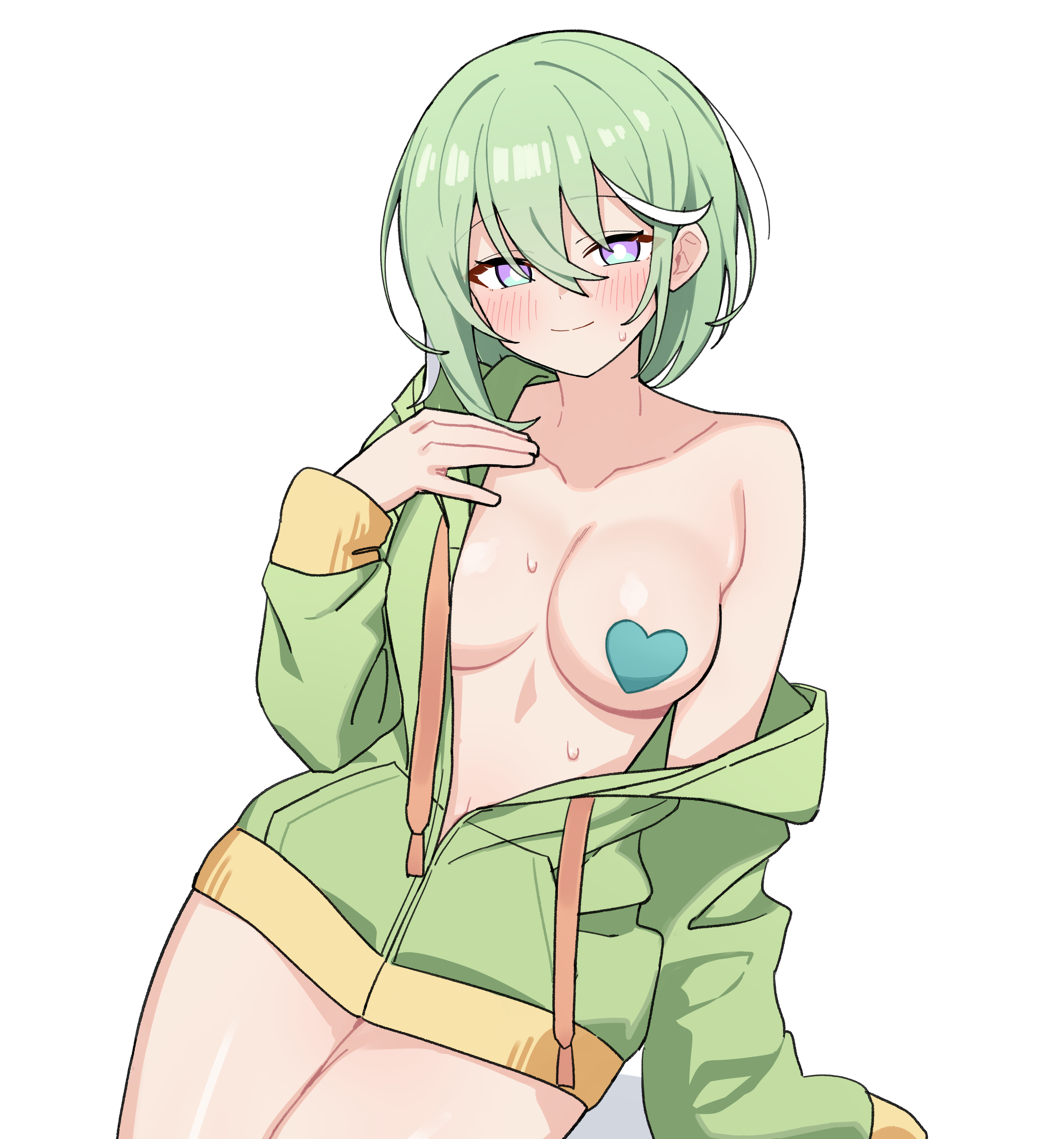 yuzuha riko, stellive, absurdres, commentary request, highres, korean commentary, 1girl, arm at side, blush, breasts, closed mouth, collarbone, cowboy shot, green hair, green jacket, hair between eyes, hand up, heart pasties, jacket, large breasts, long bangs, long hair, long sleeves, looking at viewer, maksagwa, multicolored hair, naked jacket, off shoulder, open clothes, open jacket, partially unzipped, pasties, purple eyes, simple background, smile, solo, streaked hair, sweat, virtual youtuber, white background