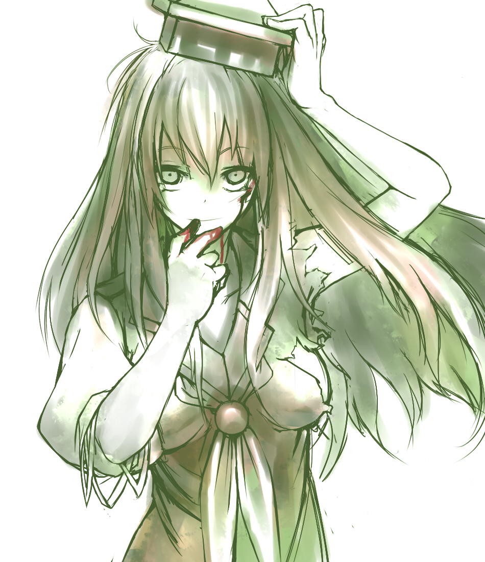 eho (icbm), kaiho, kamishirasawa keine, touhou, bad id, bad pixiv id, 1girl, blood, female focus, green theme, hand on headwear, hat, long hair, monochrome, solo, spot color, torn clothes, yandere