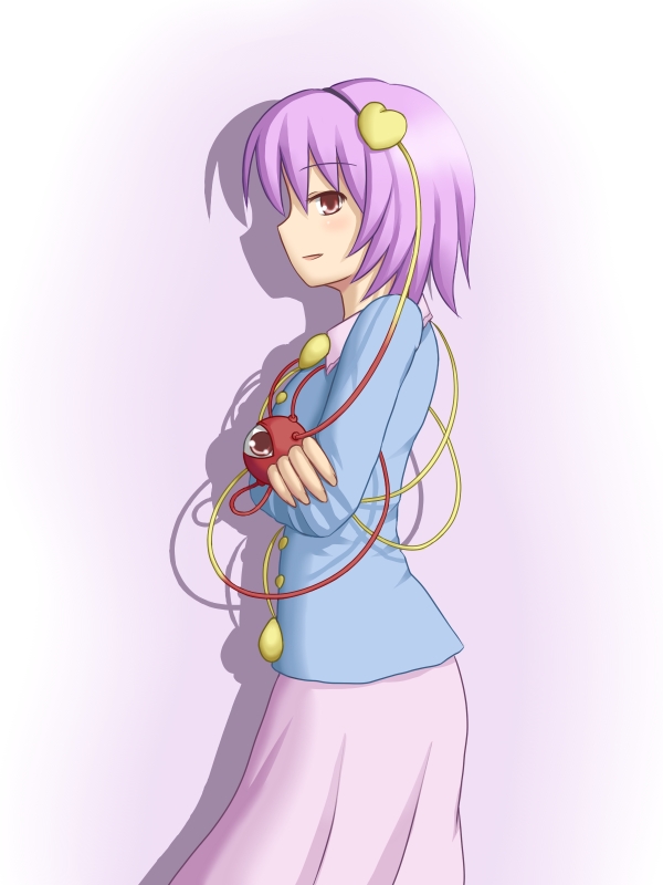 phantom2071, komeiji satori, touhou, 1girl, female focus, gradient background, heart, pink eyes, pink hair, short hair, solo, standing, white background