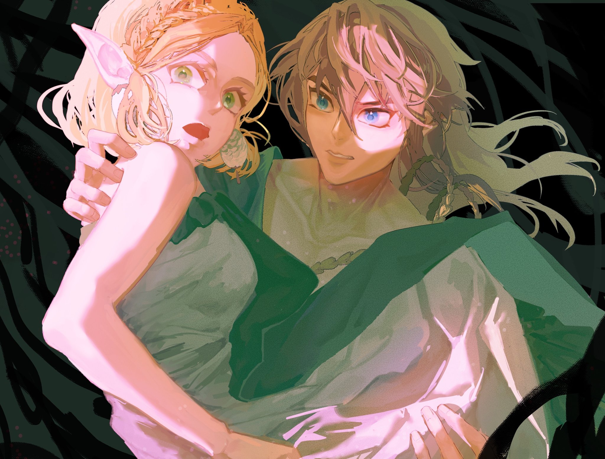 frost mourne, link, princess zelda, nintendo, the legend of zelda, the legend of zelda: tears of the kingdom, highres, 1boy, 1girl, arm around shoulder, bare arms, bare shoulders, blonde hair, blue eyes, braid, breasts, carrying, crown braid, dress, earrings, green eyes, green tabard, hair between eyes, jewelry, long hair, medium breasts, open mouth, parted bangs, parted lips, pointy ears, princess carry, short hair, sidelocks, tabard, upper body, white dress