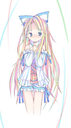 asami natsuhito, flonne, disgaea, makai senki disgaea, nippon ichi, lowres, 1girl, bare shoulders, blonde hair, bloomers, blue eyes, blue ribbon, collared jacket, cross, cross print, facing viewer, frilled jacket, frilled sleeves, frills, hair ribbon, hands on own chest, high collar, jacket, legs together, long hair, long sleeves, neck ribbon, own hands together, pastel colors, popped collar, print shirt, red shirt, ribbon, shirt, simple background, sleeve ribbon, sleeveless, sleeveless jacket, solo, straight hair, underwear, very long hair, white background, white bloomers, white jacket, white sleeves