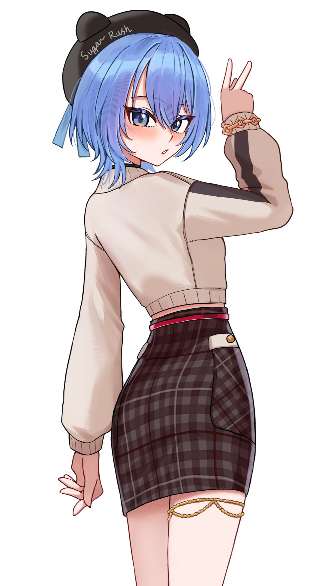 chrispy tuna, hoshimachi suisei, hoshimachi suisei (micomet), hololive, commentary, english commentary, highres, 1girl, beret, black hat, blue eyes, blue hair, brown skirt, double-parted bangs, from behind, hair between eyes, hand up, hat, jewelry, long sleeves, looking at viewer, looking back, official alternate costume, pencil skirt, plaid clothes, plaid skirt, short hair, simple background, skirt, solo, star (symbol), star in eye, sweater, symbol in eye, thighlet, v, virtual youtuber, white background, white sweater