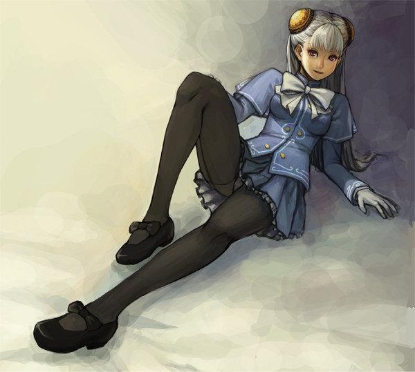 dominic, ingrid (capcom), capcom, capcom fighting jam, silver hair, 1girl, bun cover, double bun, female focus, hair bun, hairpods, long hair, mary janes, panties, panties under pantyhose, pantyhose, shoes, skirt, solo, underwear