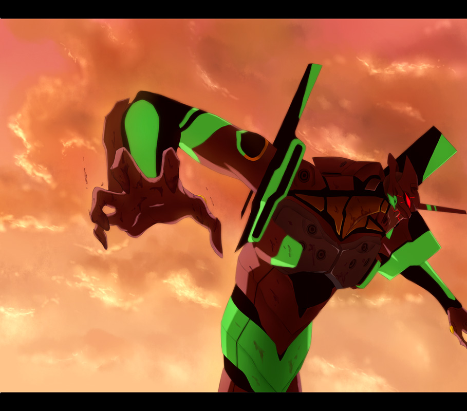 chi (pixiv2035), chikuyama, eva 01, neon genesis evangelion, rebuild of evangelion, bad id, bad pixiv id, 00s, blood, letterboxed, mecha, no humans, robot, sky, sunset