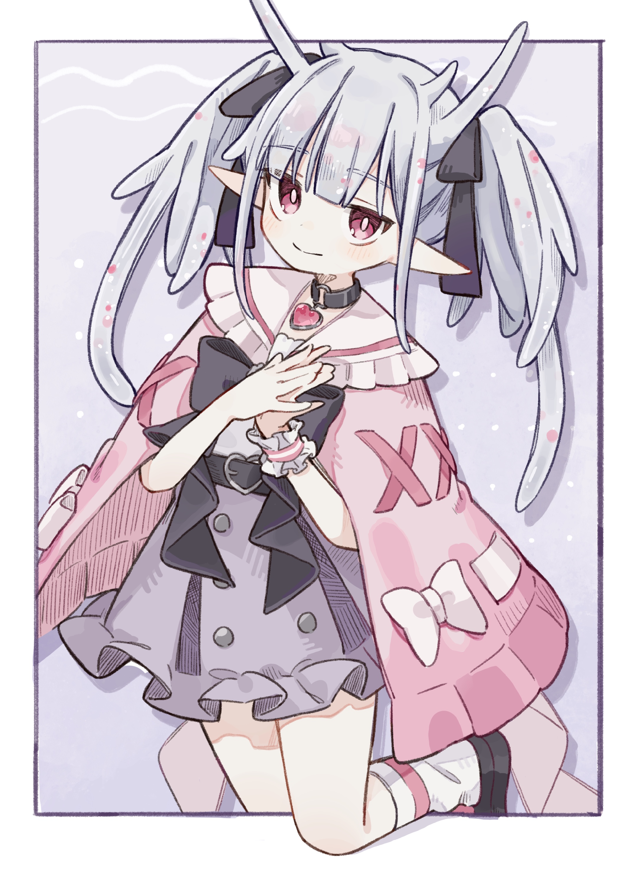 komerina, original, absurdres, commentary, highres, 1girl, belt, black belt, black bow, black collar, black ribbon, black shoes, blunt bangs, border, bow, bowtie, braid, bright pupils, brooch, buckle, cape, closed mouth, collar, cowboy shot, dot nose, foot up, frilled sailor collar, frilled skirt, frills, gradient background, grey hair, hair ribbon, hands up, head tilt, heart, heart-shaped buckle, heart pendant, jewelry, kneehighs, light blush, loafers, long hair, looking at viewer, outside border, pendant collar, personification, pink cape, pink eyes, pink trim, pointy ears, purple background, purple skirt, ribbon, sailor collar, sea cucumber, sea cucumber girl, shirt, shirt tucked in, shoes, sidelocks, single wrist cuff, skirt, smile, socks, solo, standing, standing on one leg, twintails, white border, white pupils, white sailor collar, white shirt, white socks, wrist cuffs