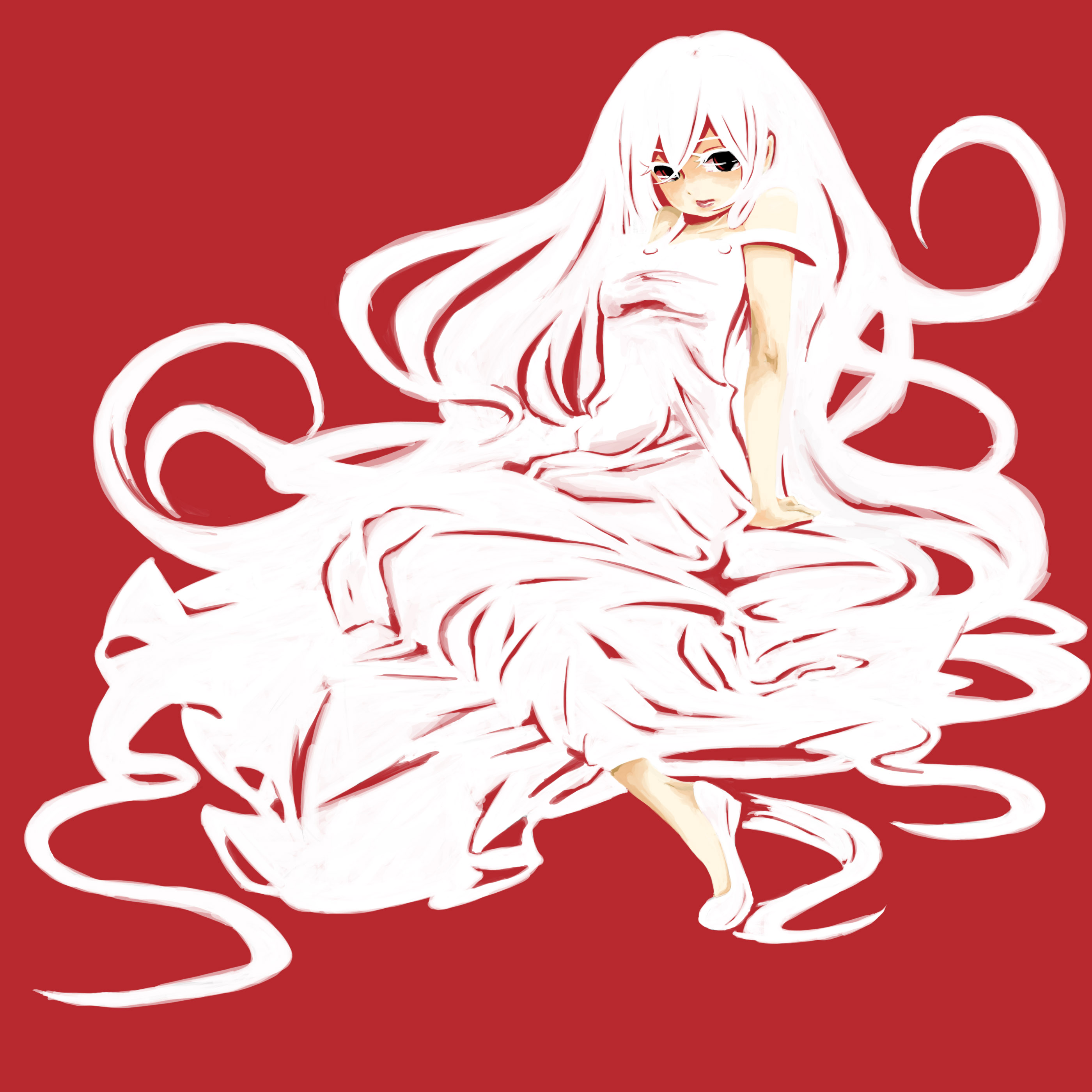 kaprice, original, absurdres, highres, dress, long hair, red theme, solo, very long hair, white hair