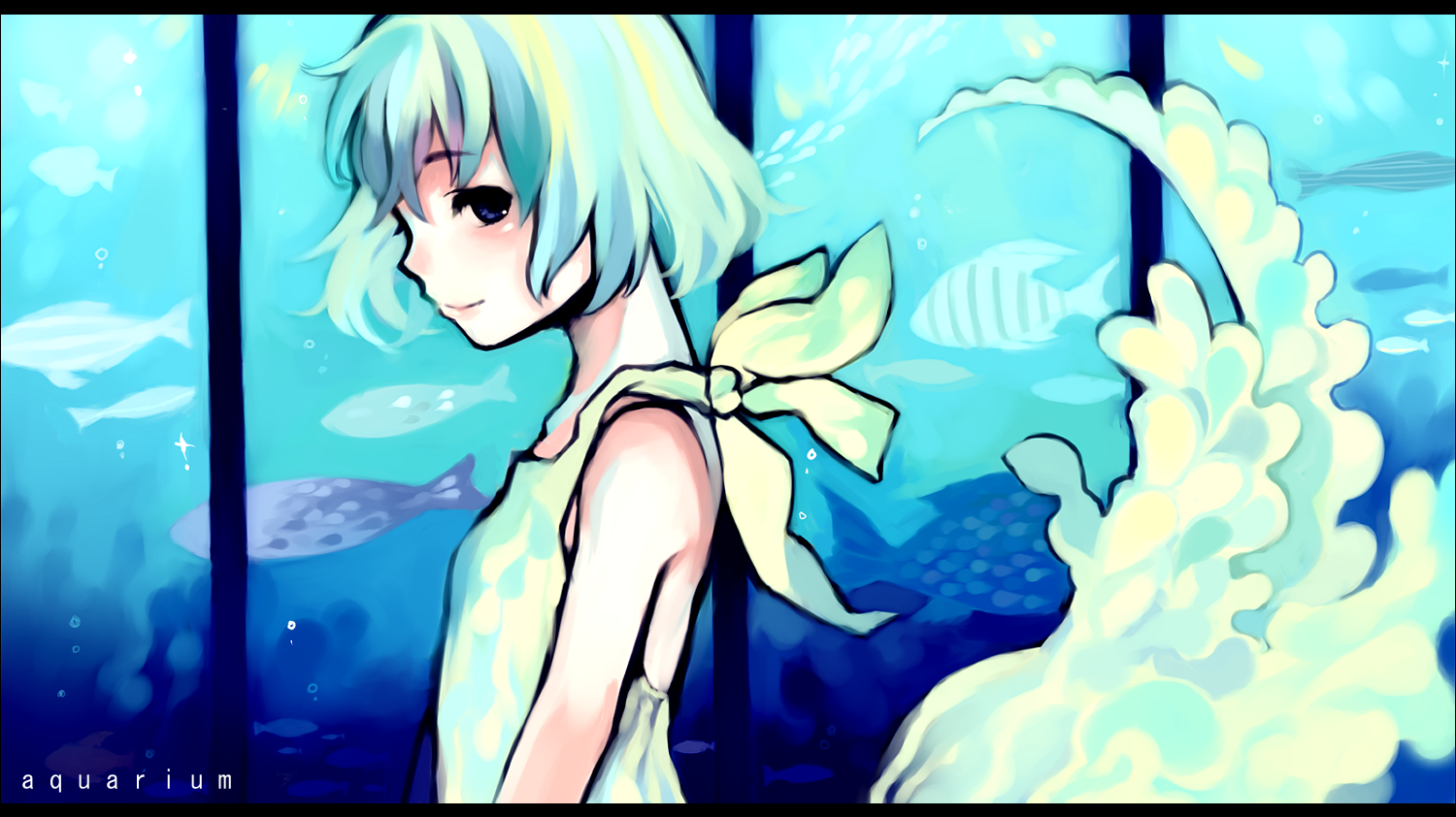 tan (tangent), ted (artist), original, bad id, bad pixiv id, 1girl, aqua hair, aquarium, blush, dress, female focus, fish, flat chest, letterboxed, profile, short hair, smile, solo