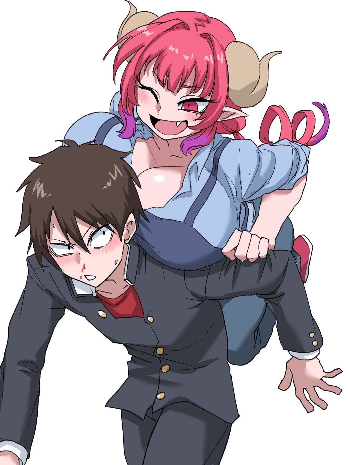 nasu (ilo a5), aida taketo, ilulu (maidragon), kobayashi-san chi no maidragon, highres, 1boy, 1girl, apron, aroused nosebleed, black pants, blood, blush, breasts, brown hair, cleavage, collared shirt, dragon horns, drill hair, fang, hair between eyes, hair intakes, horns, huge breasts, multicolored hair, nosebleed, one eye closed, open mouth, pants, pink eyes, pink hair, pointy ears, purple hair, red shirt, school uniform, shirt, sweat