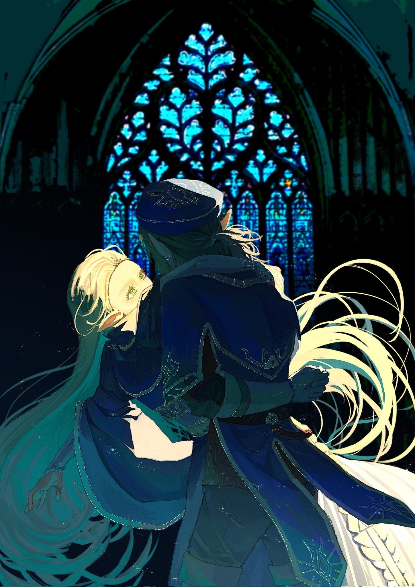 frost mourne, link, princess zelda, nintendo, the legend of zelda, the legend of zelda: breath of the wild, highres, 1boy, 1girl, arm behind back, beret, blonde hair, blue dress, blue hat, couple, dress, earrings, gold trim, green eyes, hat, hetero, jewelry, layered sleeves, long hair, looking at another, low ponytail, medium hair, military hat, military uniform, parted bangs, pointy ears, ponytail, royal guard set (zelda), upper body, wide sleeves, window