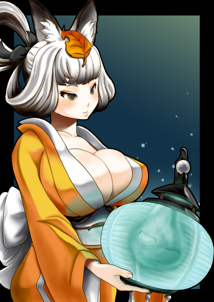 tomatto (@ma!), inari, izuna jinkuro, kongiku, oboro muramasa, vanillaware, silver hair, 1girl, animal ears, breasts, brown eyes, cleavage, eyeshadow, fox ears, hair up, huge breasts, japanese clothes, kimono, lantern, leaf, leaf on head, makeup, night, object on head, one eye closed, paper lantern, sky