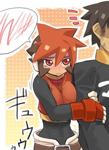 shigehiro (hiroi heya), atlas (mega man), capcom, mega man (series), mega man zx, mega man zx advent, 1boy, 1girl, ^^^, arm hug, beard, belt, black hair, blush, bodysuit, breast press, breasts, brown hair, clinging, colored bangs, couple, crop top, dark skin, embarrassed, facial hair, fingerless gloves, gloves, gradient background, halftone, halftone background, hetero, large breasts, looking at viewer, matching hair/eyes, multicolored hair, nose blush, open fly, pants, red eyes, red hair, robot ears, short hair, solo focus, speech bubble, spiked hair, squiggle, surprised, turtleneck, two-tone hair, unzipped
